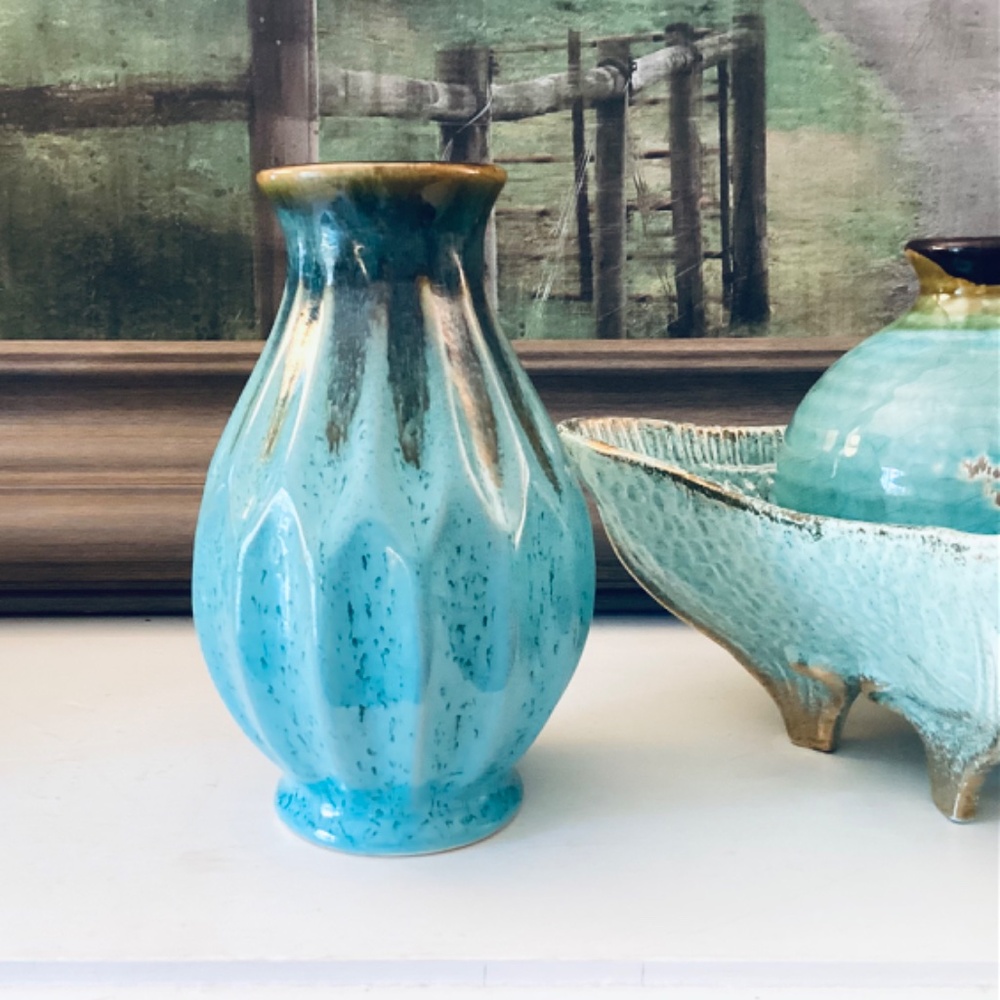 Turquoise Ceramics Set Of 3 Mixed Pieces Vases Square Bowl Home Accents Decor - Picture 5 of 12